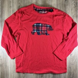Eddie Bauer Mens M Red Thermal Waffle Knit Plaid Bear Sleepwear Lounge Shirt